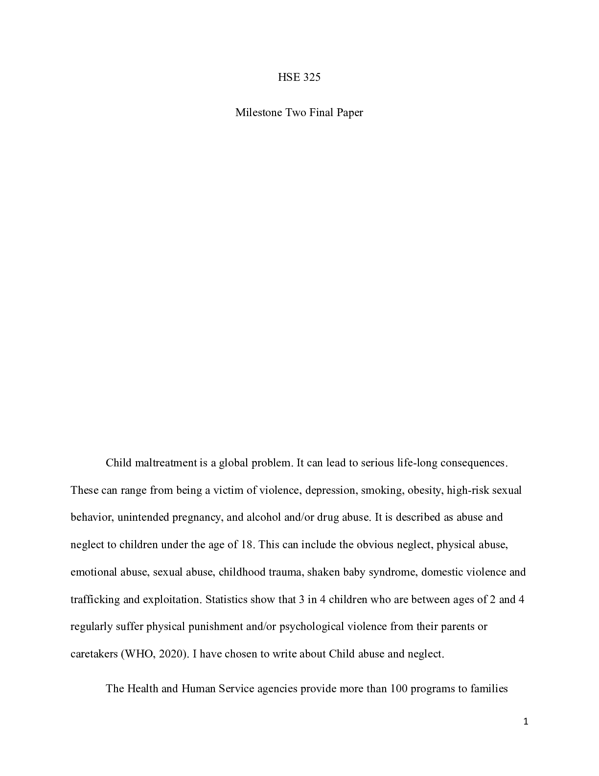 Preview image for HSE 325 Milestone 2| (1)  HSE 325  Milestone Two Final Paper  Child maltreatment is a